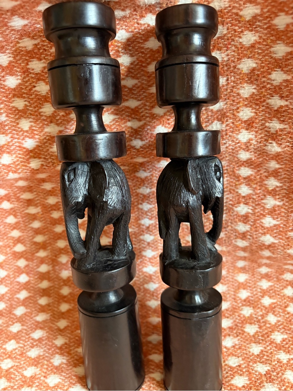 Pair of Vntg African Ebony Wood Hand Carved Elephant Tapered Candlestick Holders